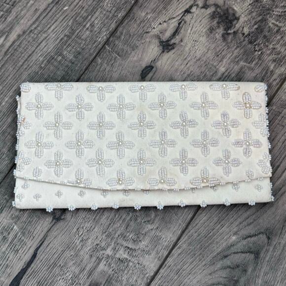 Vintage Handmade cream Floral Beaded Evening Clutch bridal purse handBag  bag - Picture 1 of 6